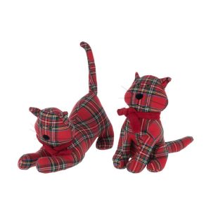 DOORSTOP CAT CHECKERED POLYESTER CHRISTMAS RED/DARK GREEN ASSORTMENT OF 2