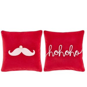 CUSHION SANTA MUSTACHE/HOHOHO COTTON CHRISTMAS RED/WHITE ASSORTMENT OF 2