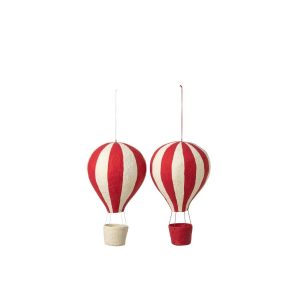 HANGER AIR BALLOON STRIPED PAPIER-MÂCHÉ WHITE/CHRISTMAS RED LARGE ASSORTMENT OF 2