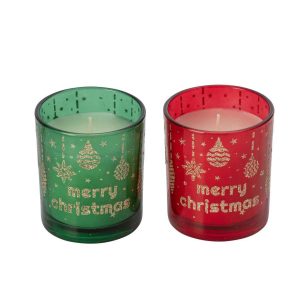 CANDLE MERRY CHRISTMAS GLASS CHRISTMAS RED/EMERALD GREEN ASSORTMENT OF 2