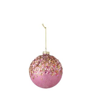 CHRISTMAS BAUBLE GLITTERS GLASS PINK/GOLD