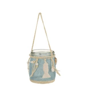 TEALIGHT HANGER SEA DECORATION GLASS BLUE/WHITE