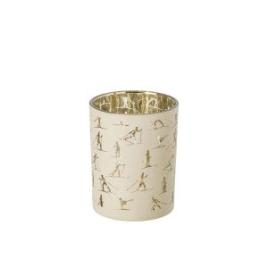 CANDLE HOLDER SKIERS GLASS ECRU/GOLD MEDIUM