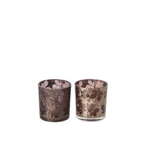 TEALIGHT HOLDER LEAVES CRACKLED GLASS DARK BROWN/BEIGE SMALL ASSORTMENT OF 2
