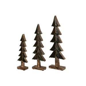 SET OF 3 PINE TREE ON BASE SHINY MANGO WOOD GREEN/NATURAL