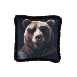 CUSHION BEAR + GLASSES POLYESTER DARK BROWN