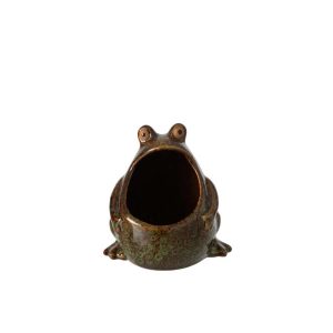FLOWERPOT FROG STONEWARE GREEN/BROWN SMALL