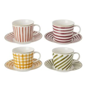 BOX OF 4 COFFEE CUP + SAUCER STONEWARE BURGUNDY/OLIVE LARGE
