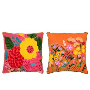 CUSHION FLOWERS EMBROIDERY COTTON/POLYESTER ORANGE/PINK ASSORTMENT OF 2