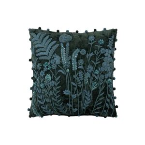 CUSHION LEAVES + FLOWERS SQUARE VISCOSE DARK GREEN/TURQUOISE