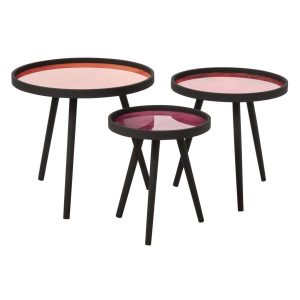 SET OF 3 COFFEE TABLE ROUND RUBBER WOOD MULTI/BLACK
