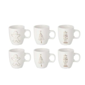 BOX OF 2 COFFEE CUP CHRISTMAS PORCELAIN WHITE/GOLD ASSORTMENT OF 3