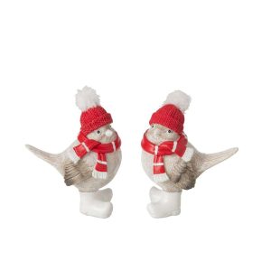 BIRD SCARF + HAT POLYRESIN CHRISTMAS RED/GREY SMALL ASSORTMENT OF 2