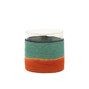 TEA LIGHT HOLDER ROUND+STRIPES GLASS/SEAGRASS BLUE/ORANGE