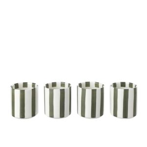 BOX OF 4 COFFEE CUP STRIPED STONEWARE OLIVE/WHITE