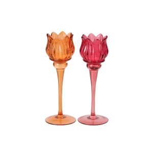 TEALIGHT HOLDER ON BASE TULIP GLASS ORANGE/FUCHSIA LARGE ASSORTMENT OF 2