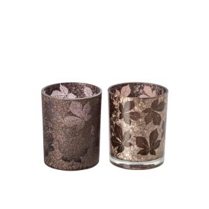 TEALIGHT HOLDER LEAVES CRACKLED GLASS DARK BROWN/BEIGE MEDIUM ASSORTMENT OF 2