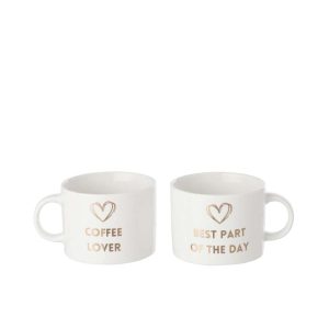 BOX OF 1 MUG MORNING QUOTES PORCELAIN WHITE/GOLD ASSORTMENT OF 2