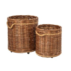 SET OF 2 FLOWERPOT ON WHEELS ROUND WICKER NATURAL/RUST BROWN