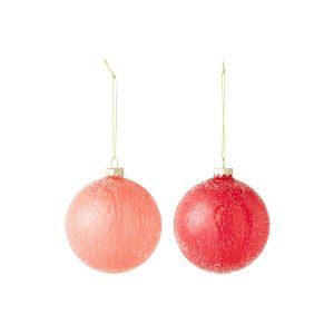 CHRISTMAS BAUBLE FROZEN FINISH GLASS RED/PINK ASSORTMENT OF 2