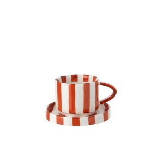 COFFEE CUP + SAUCER STRIPED STONEWARE COGNAC/WHITE