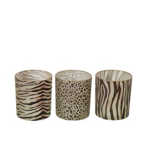 TEALIGHT HOLDER WILD CYLINDER GLASS CAMEL/BLACK MEDIUM ASSORTMENT OF 3