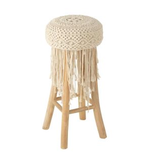 STOOL FRINGES WOOD/MACRAME WHITE