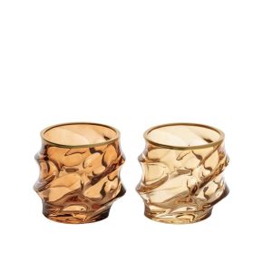 DRINKING GLASS GOLDEN RIM RELIEF GLASS OCHER YELLOW/BRONZE ASSORTMENT OF 2