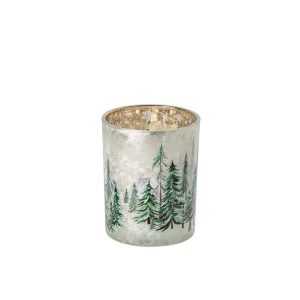CANDLE HOLDER CHRISMAS TREE GLASS WHITE/DARK GREEN MEDIUM