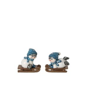 SNOWMAN SLEDGE POLYRESIN WHITE/BLUE ASSORTMENT OF 2