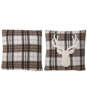CUSHION CHECKERED + REINDEER POLYESTER ECRU/DARK BROWN ASSORTMENT OF 2