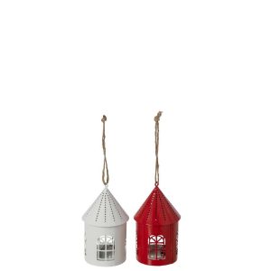 HOUSE LED HANGER IRON WHITE/CHRISTMAS RED ASSORTMENT OF 2