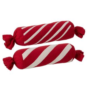 CUSHION CYLINDER STRIPED POLYESTER CHRISTMAS RED/WHITE ASSORTMENT OF 2