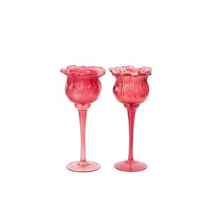 TEALIGHT HOLDER ON BASE TULIP GLASS FUCHSIA SMALL ASSORTMENT OF 2