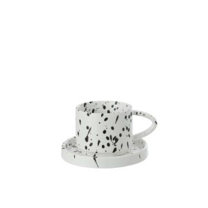 COFFEE CUP + SAUCER DOTS STONEWARE WHITE/BLACK