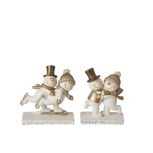 SNOWMAN COUPLE + SKATING STONE WHITE/GOLD ASSORTMENT OF 2