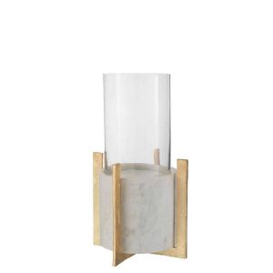 GLASS TEALIGHT MARBLE/METAL BASE GREY/CHAMPAGNE LARGE