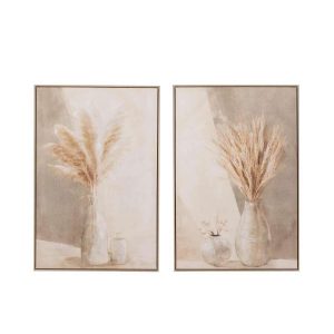PAINTING VASE PAMPAS CANVAS/WOOD BEIGE ASSORTMENT OF 2