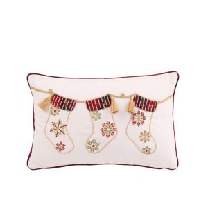 CUSHION CHRISTMAS STOCKING COTTON WHITE/CHRISTMAS RED