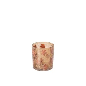 CANDLE HOLDER LEAVES GLASS APRICOT/TERRACOTTA SMALL