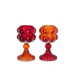 CANDLE HOLDER ON STICK GLASS RED/ORANGE ASSORTMENT OF 2