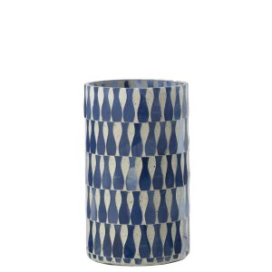 CANDLE HOLDER GLASS BLUE/WHITE LARGE