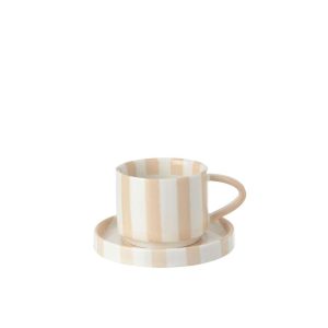 COFFEE CUP + SAUCER STRIPED STONEWARE LIGHT BEIGE/WHITE