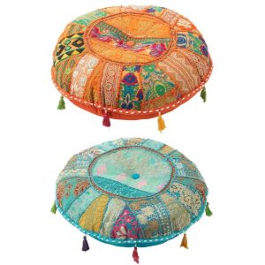 POUF ROUND PLAT PATTERNS+TASSELS COTTON ORANGE/BLUE ASSORTMENT OF 2