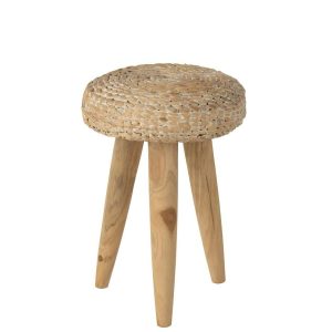 STOOL ROUND TEAK WOOD/WATER HYACINTH WHITE