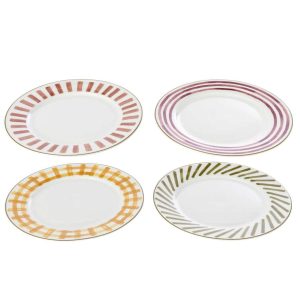BOX OF 4 PLATE STONEWARE BURGUNDY/OLIVE