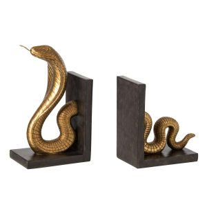 SET OF 2 BOOKEND SNAKE POLYRESIN GOLD/BLACK