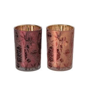 TEALIGHT HOLDER FLOWERS GLASS BURGUNDY/CORAL RED LARGE ASSORTMENT OF 2