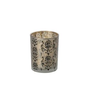 TEALIGHT HOLDER FLOWERS GLASS KHAKI GREEN/GOLD MEDIUM