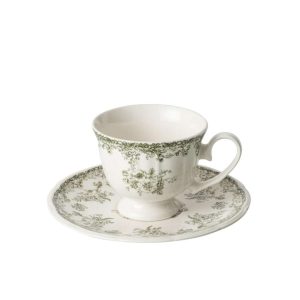 COFFEE CUP + SAUCER FLOWERS CERAMIC DARK GREEN/WHITE